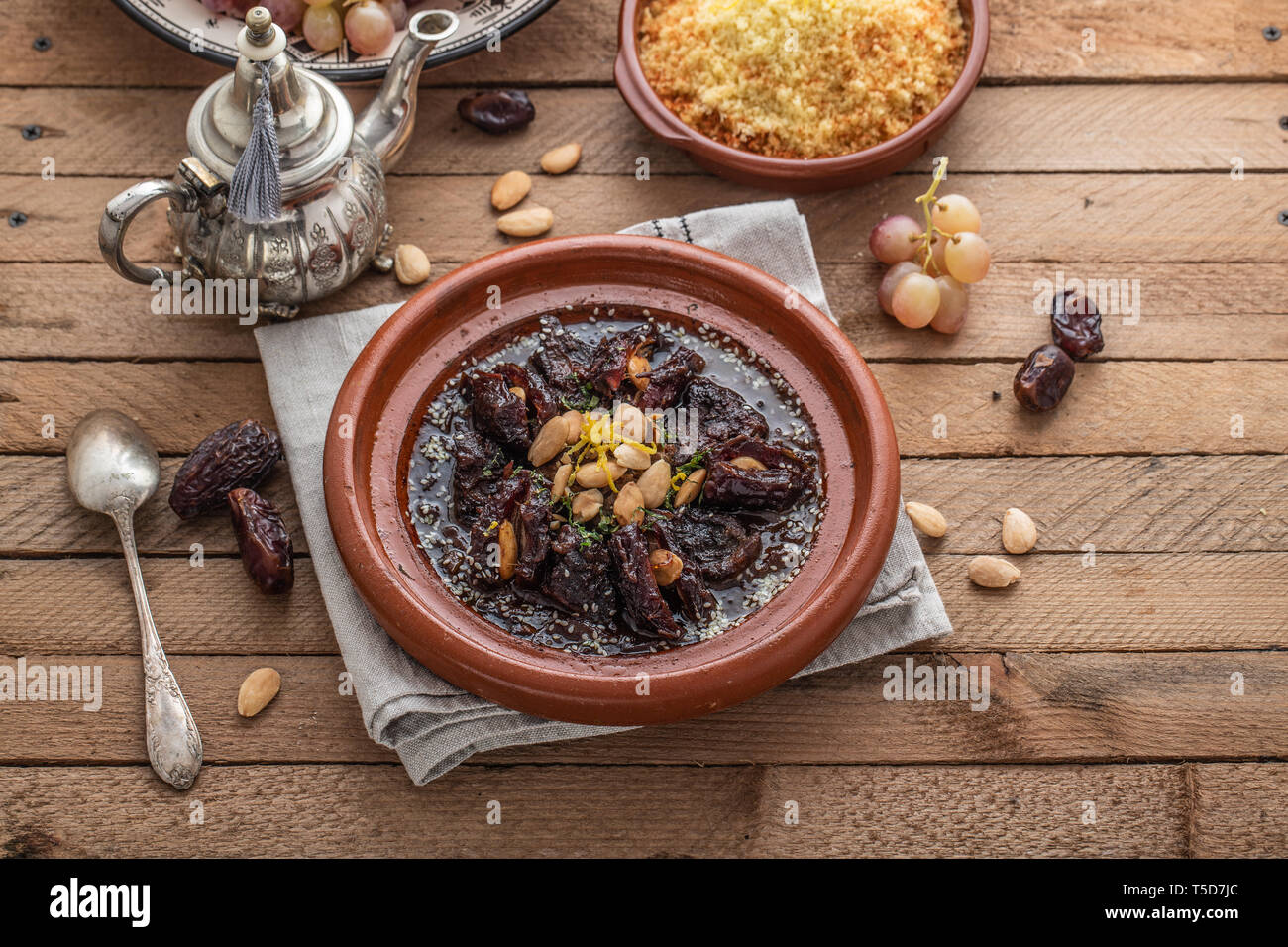Slow cooked beef with dates, raisins and almonds moroccan tajine