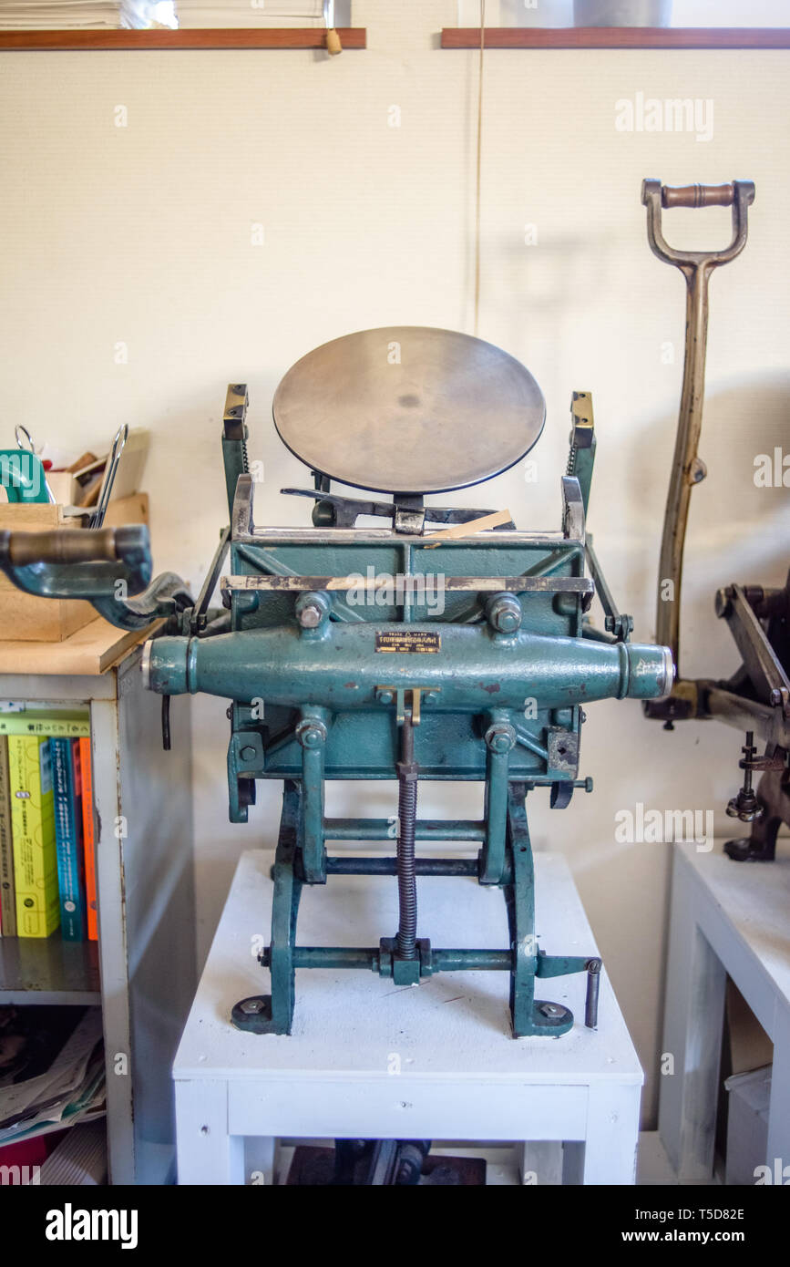 Traditional printing press at a small private printing house in Engaru