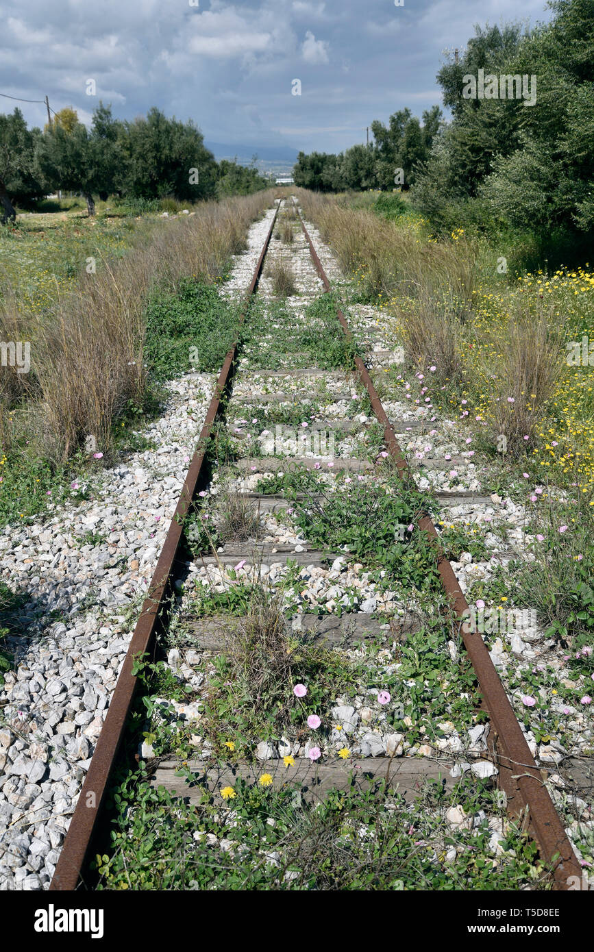 Abandoned railway lines during springtime Stock Photo