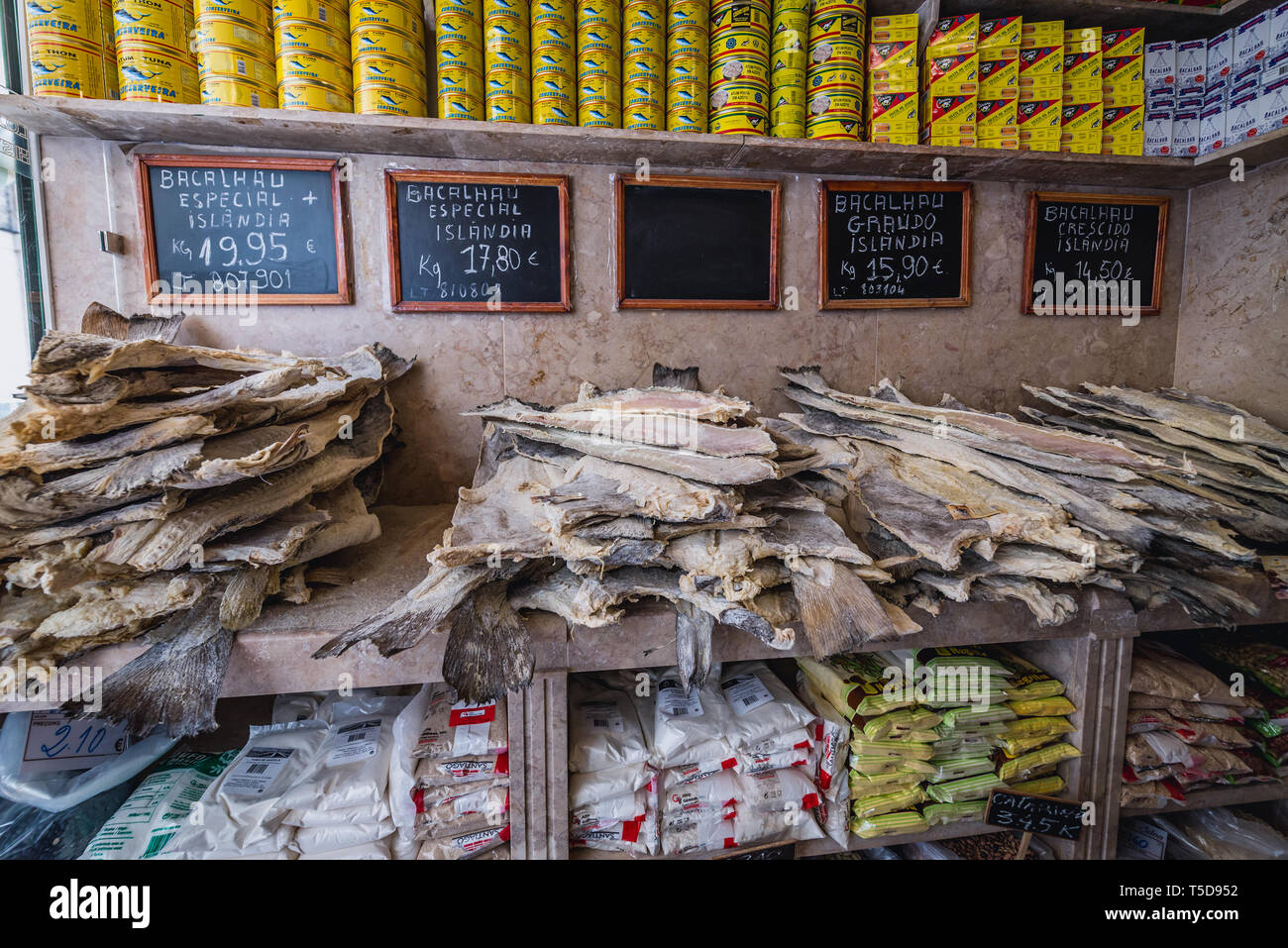 Shop with Bacalhau dried and salted cod in Baixa district of Lisbon