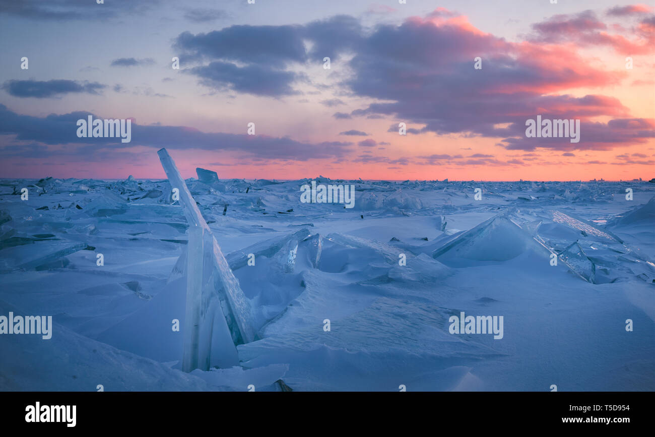 Large Ice chunks look like large piece glass on frozen Lake Superior, Duluth, Minnesota. Stock Photo