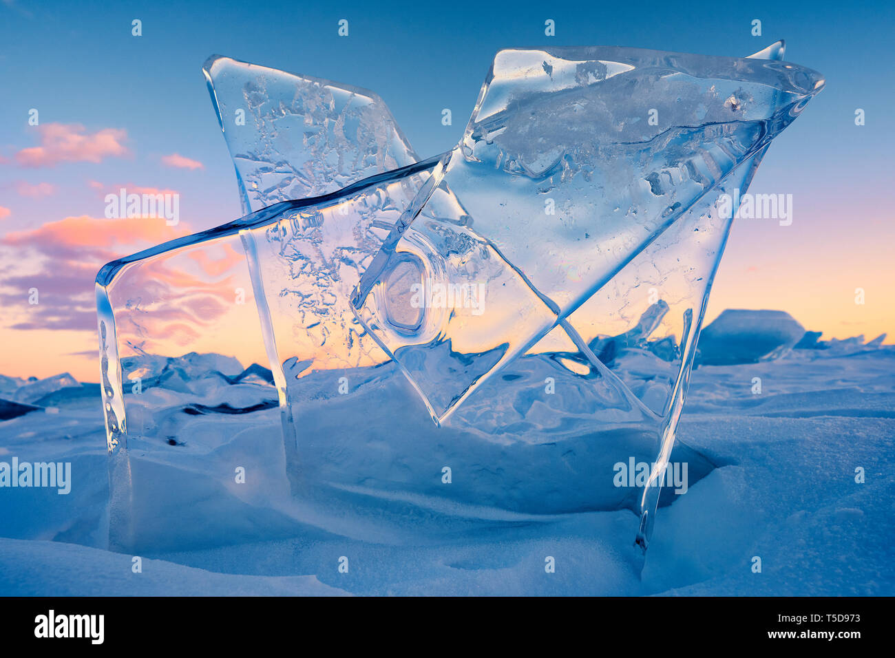 Large Ice chunks look like large piece glass on frozen Lake Superior, Duluth, Minnesota. Stock Photo