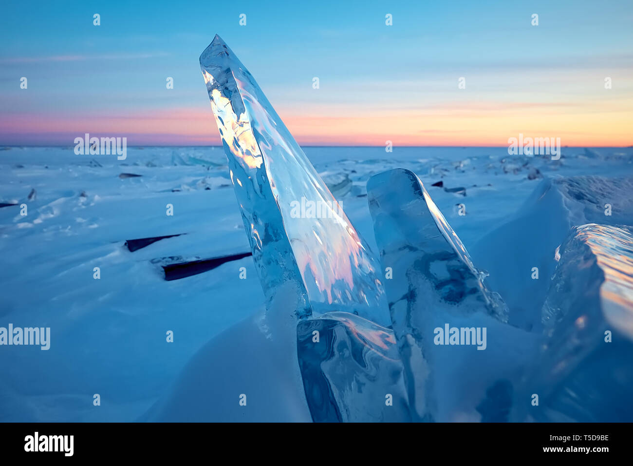 Large Ice chunks look like large piece glass on frozen Lake Superior, Duluth, Minnesota. Stock Photo