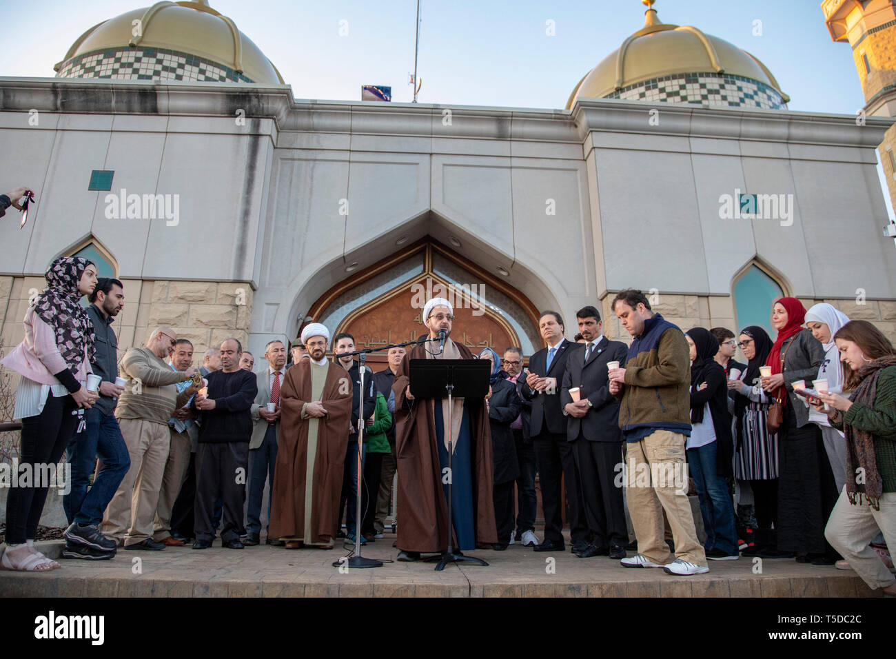 Dearborn, Michigan - Muslims hold a candlelight prayer vigil at the Islamic Center of America in support of the victims of the church bombings in Sri  Stock Photo