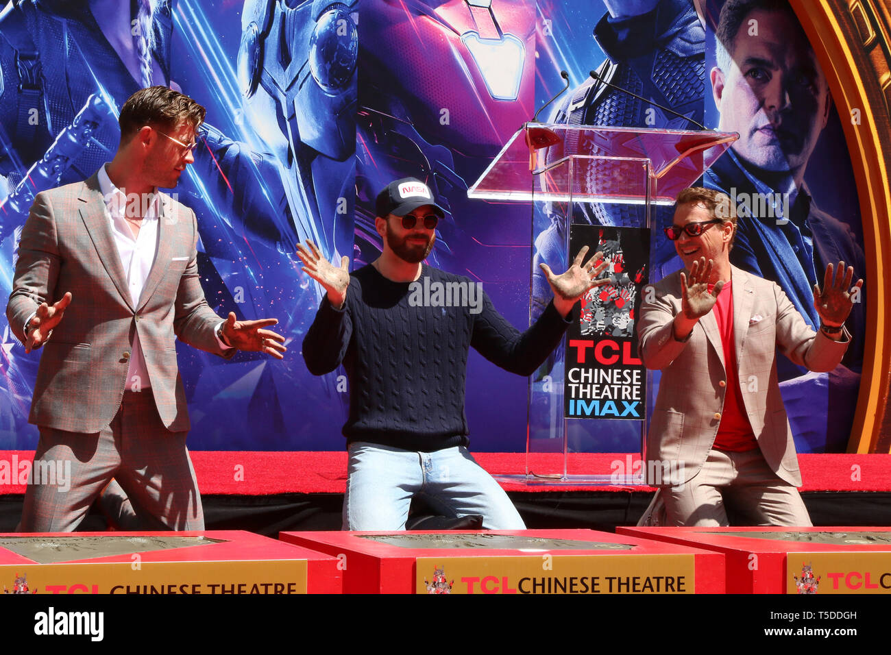April 23, 2019 - Los Angeles, CA, USA - LOS ANGELES - APR 23:  Chris Hemsworth, Chris Evans, Robert Downey Jr at the Avengers Cast Members Handprint Ceremony at the TCL Chinese Theater on April 23, 2019 in Los Angeles, CA (Credit Image: © Kay Blake/ZUMA Wire) Stock Photo