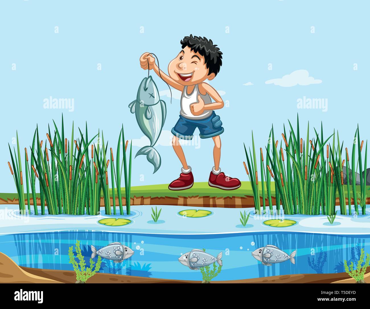 Happy man fishing in nature illustration Stock Vector