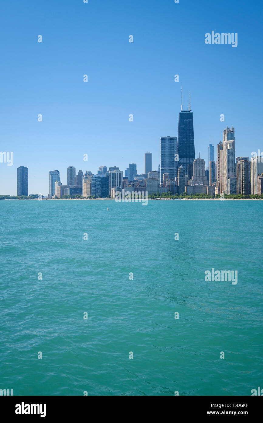 Chicago skyline from North Avenue Beach photography point Stock Photo