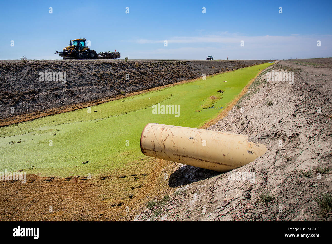 Irrigation system in a farm field in Pixley.  Although requiring lots of water, leveled farm fields and modern irrigation systems limit the waste.  In general, vegetable farming requires only a fraction of the water that is needed for livestock farming. Stock Photo