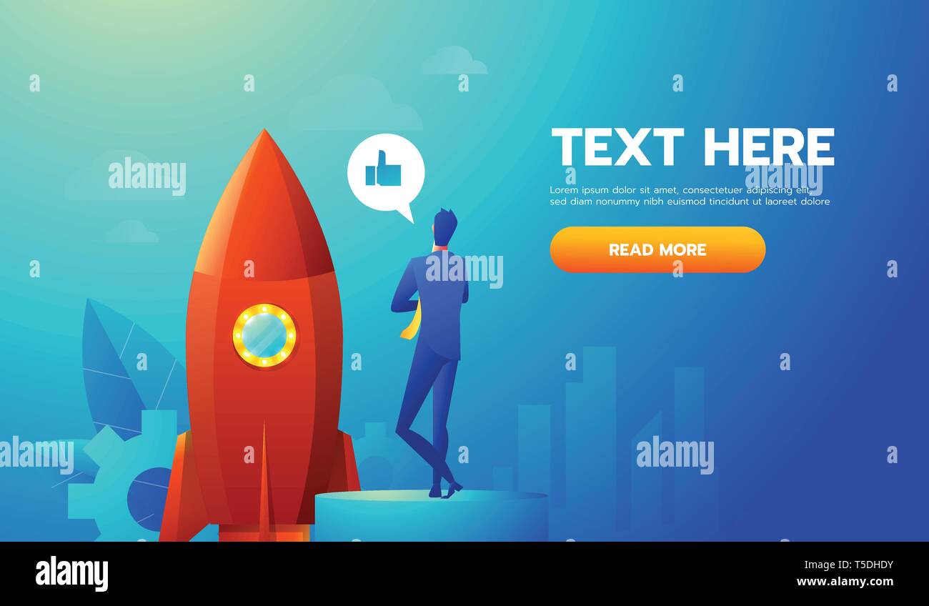 businessman launches rocket into the sky, employee performs the start ...