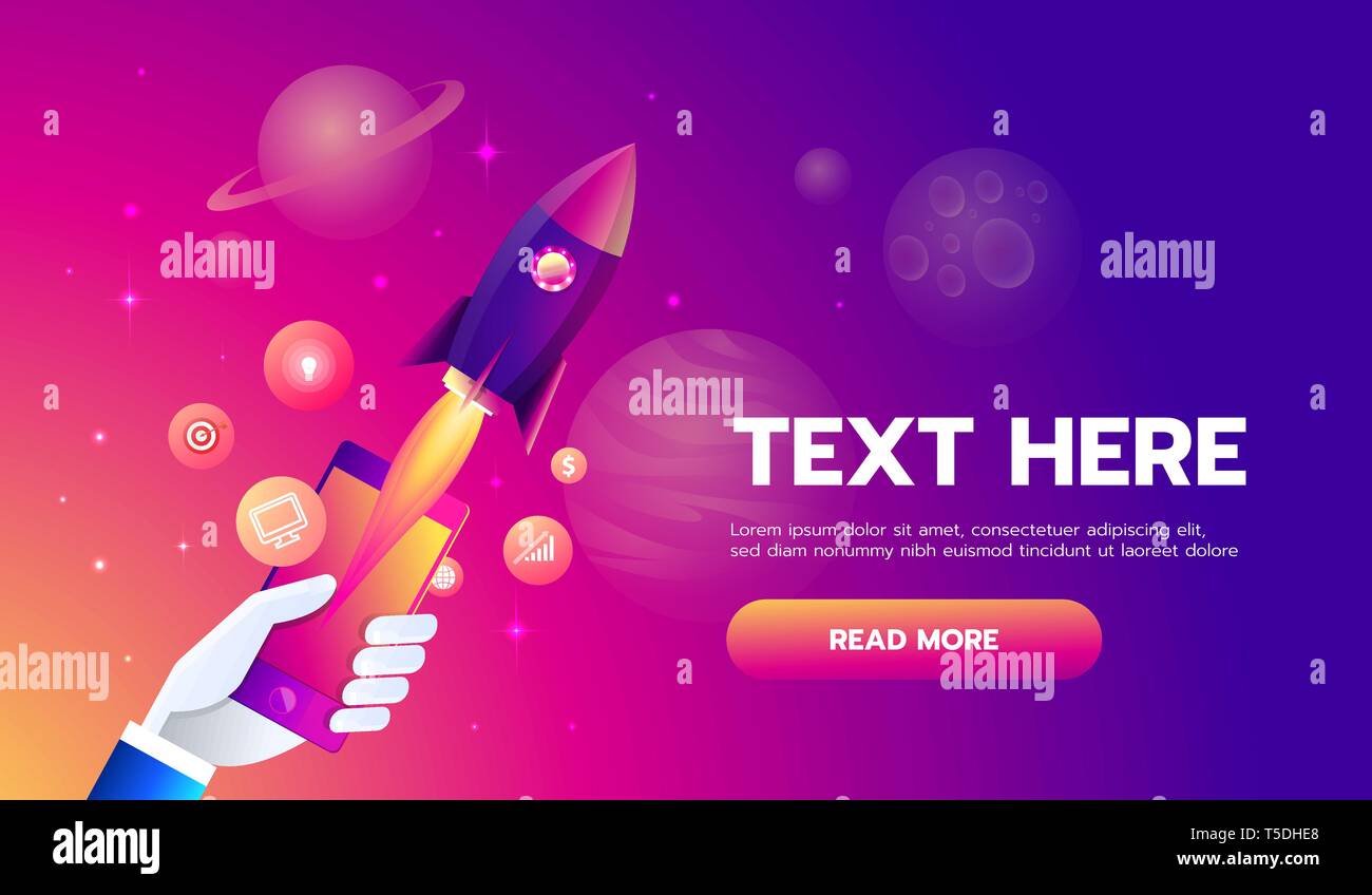 Mobile icons app rocket on the space background. Vector illustration Stock Vector
