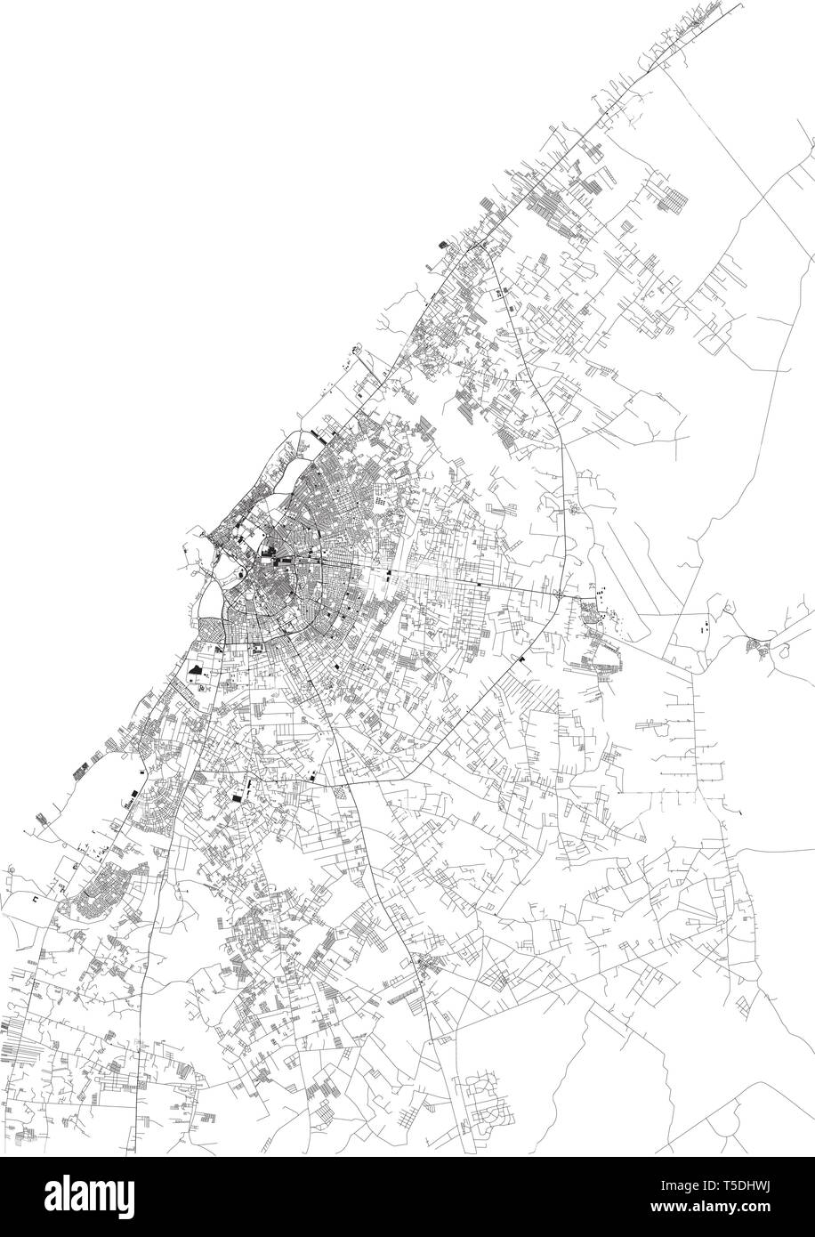 Satellite map of Benghazi, it is the second-most populous city in Libya and the largest in Cyrenaica. Map of streets and buildings of the town center. Stock Vector