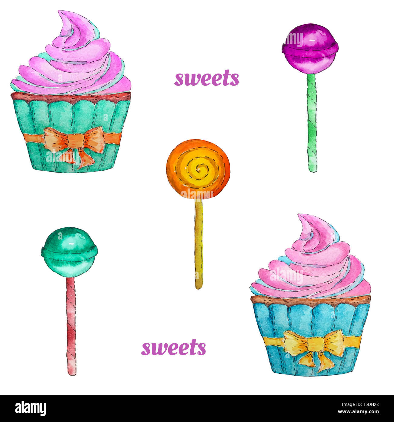 Sweets seamless pattern with cupcake, lollipop and chupa chups. Colorful  watercolor pattern Stock Photo - Alamy