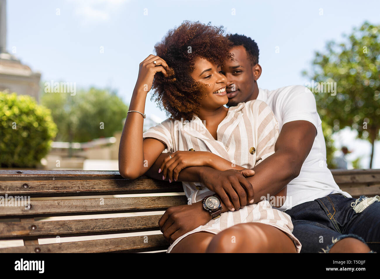 Outdoor protrait of black african american couple embracing each other ...