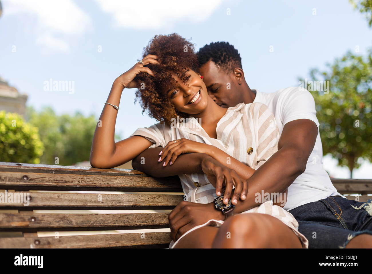 Outdoor protrait of black african american couple embracing each other ...