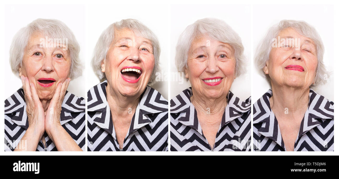 The collage from different emotions of senior woman Stock Photo - Alamy
