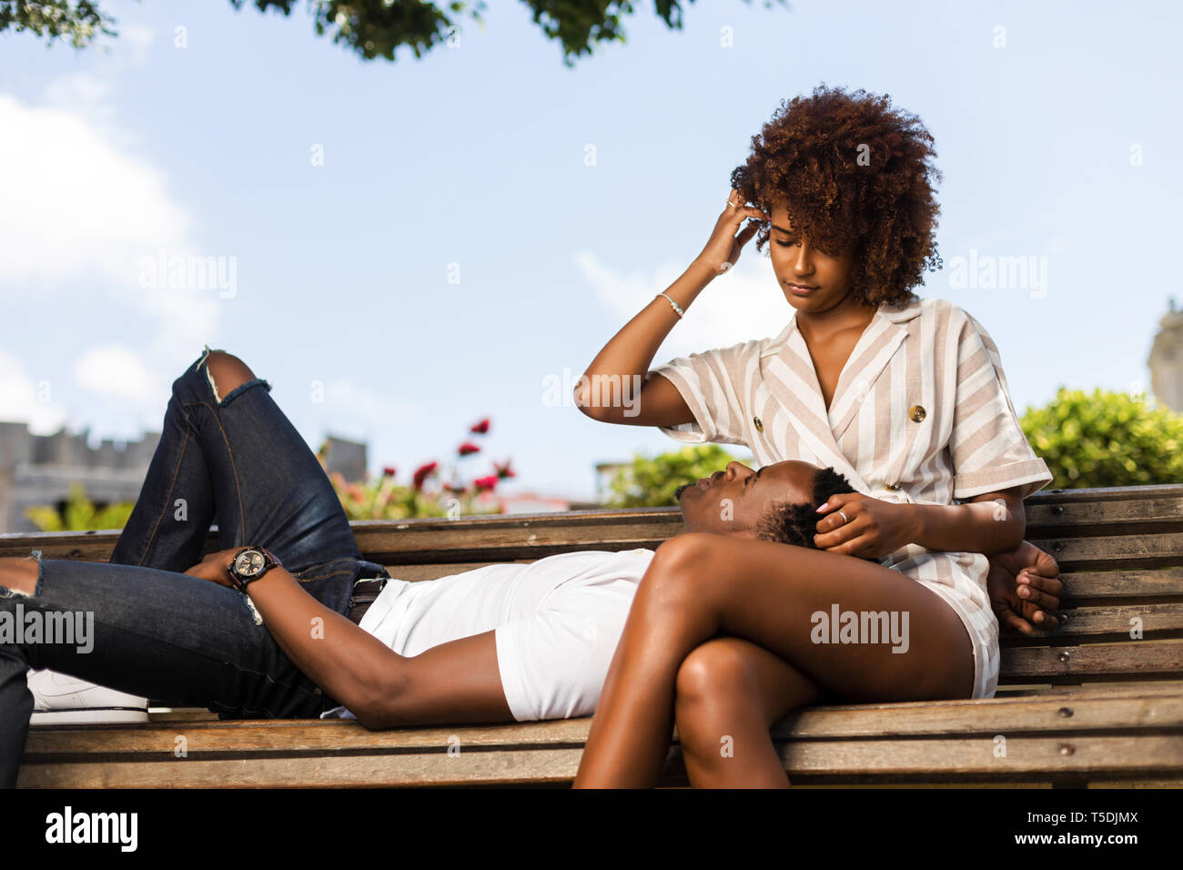 Outdoor protrait of black african american couple embracing each other ...