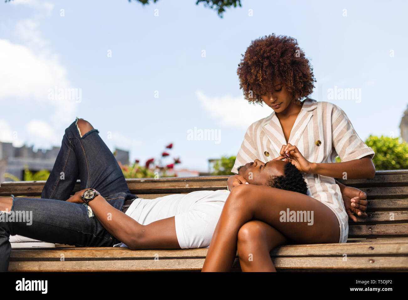 Outdoor protrait of black african american couple embracing each other ...