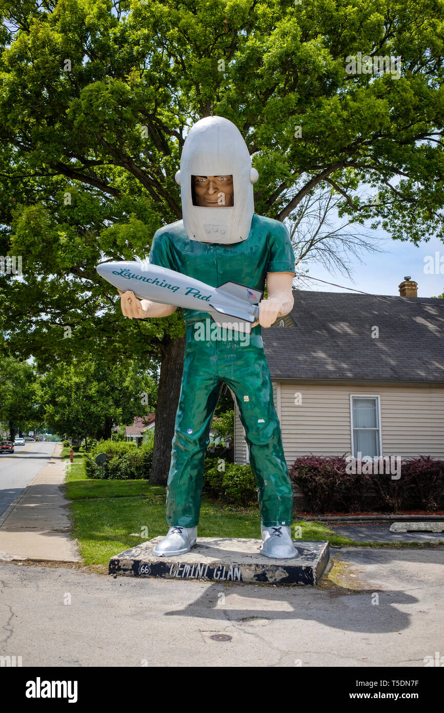 The Gemini Giant is standing outside the Launching Pad drivein