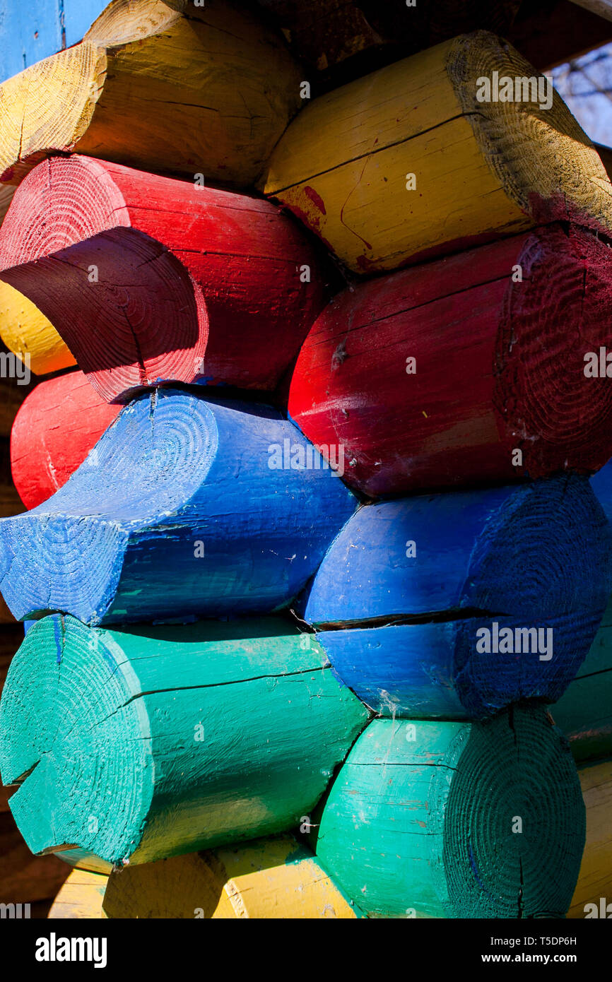 Constructions of wooden multicolored trees on the playground Stock ...
