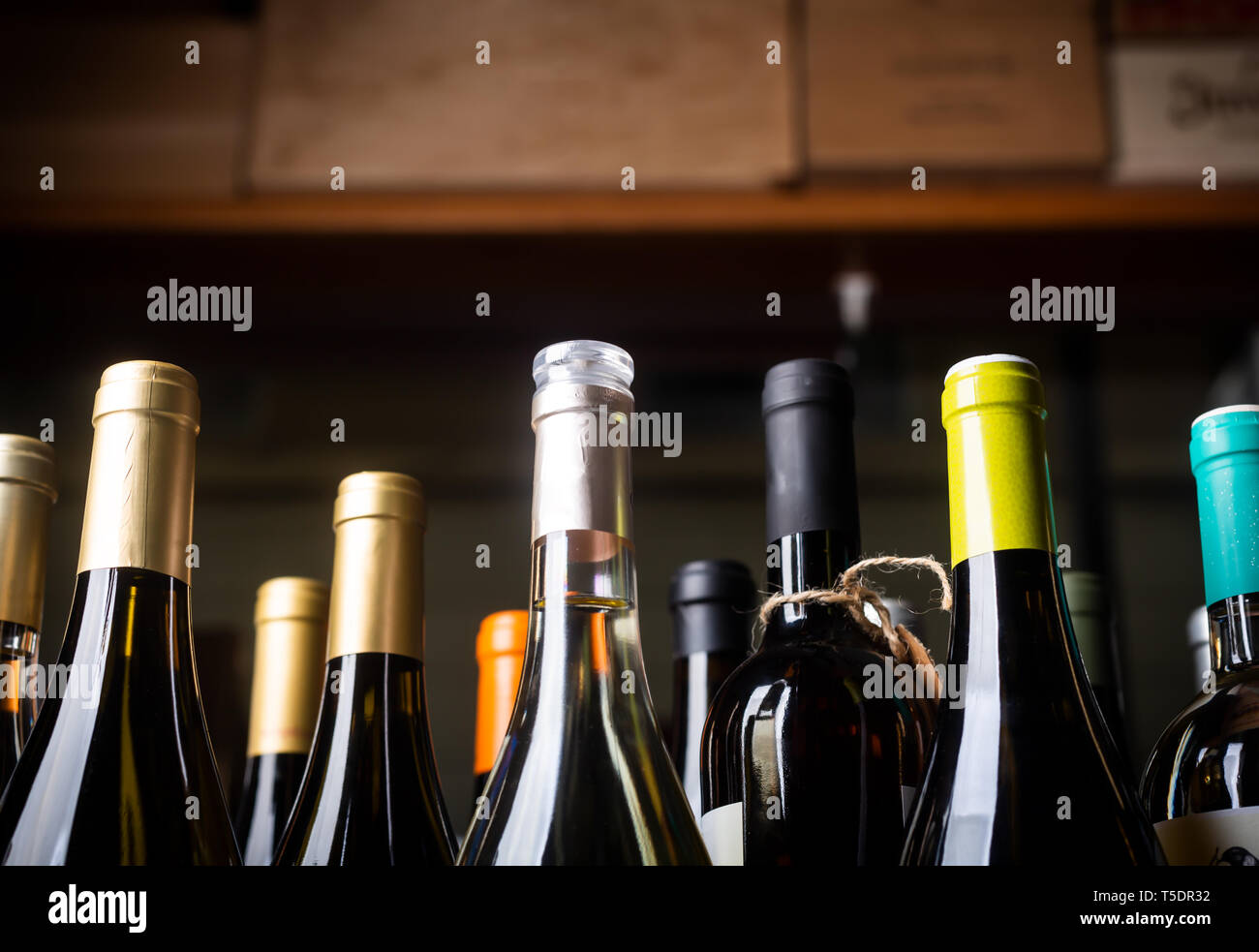Bottles of wine on the shelves of an alcohol shop in Spain, Alicante