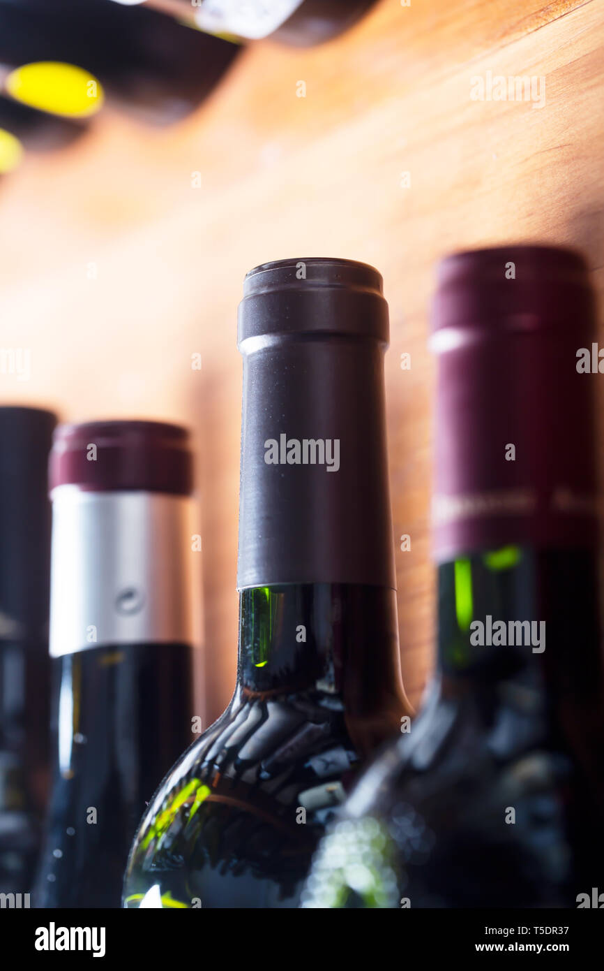 Bottles of wine on the shelves of an alcohol shop in Spain, Alicante