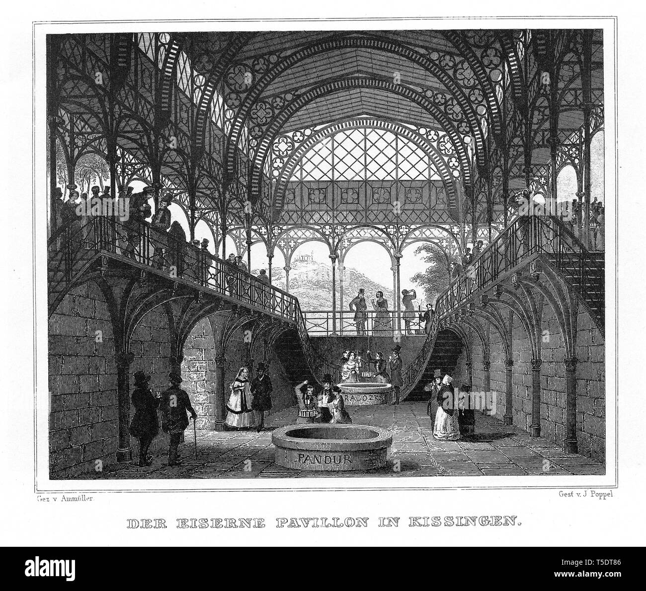 Iron fountain hall, fountain pavilion or fountain temple, Bad Kissingen, drawing by Ainmuller, steel engraving by J. Poppel, 1840-54, Kingdom of Stock Photo