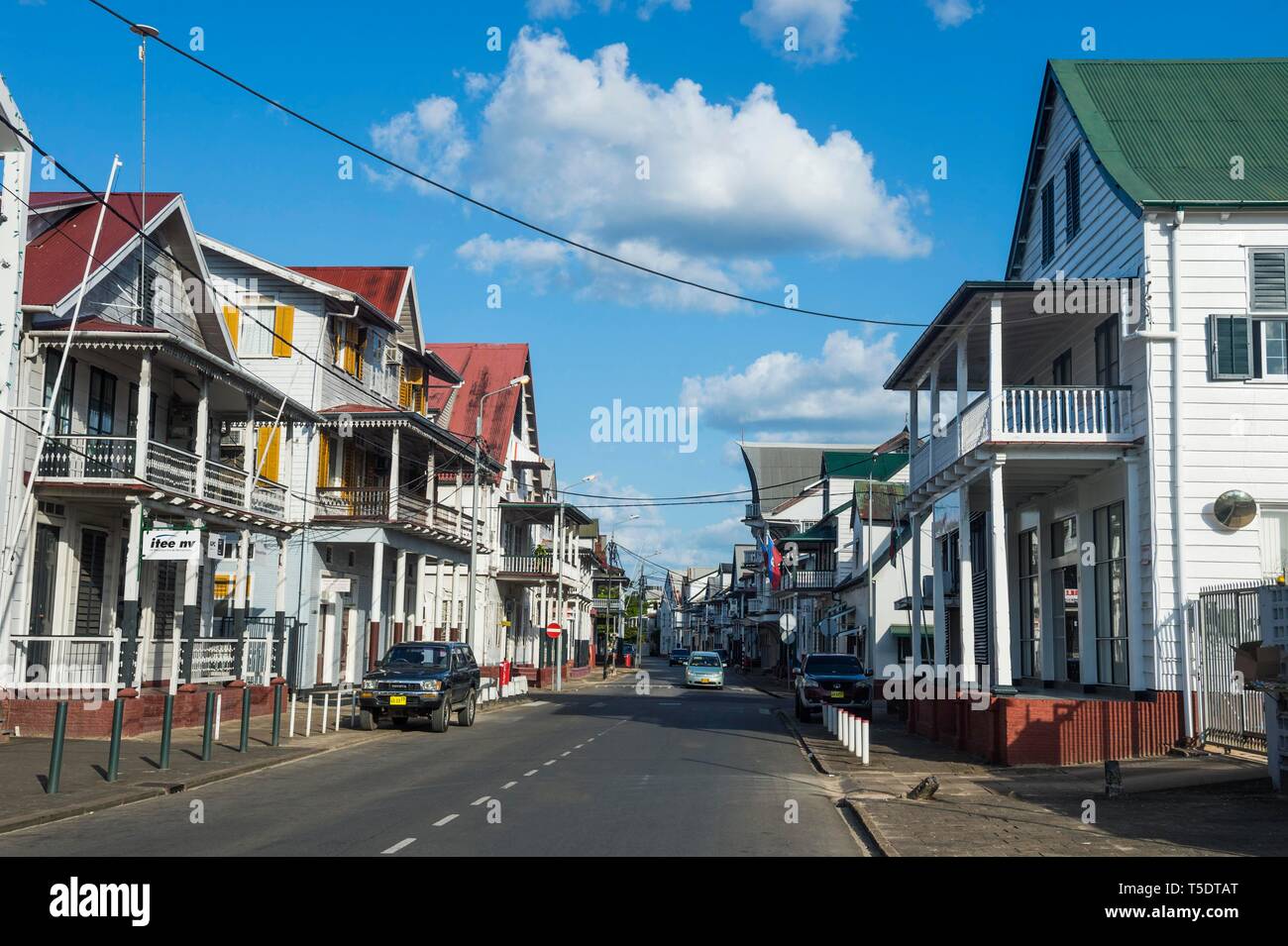 Street with dutch colonial wooden buildings, historic old town, UNESCO World Heritage Site, Paramaribo, Suriname Stock Photo