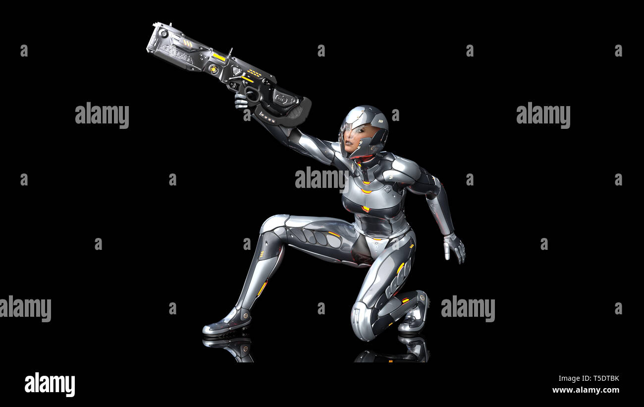Futuristic android soldier woman in bulletproof armor, military cyborg girl armed with sci-fi rifle gun crouching and shooting on black background, 3D Stock Photo