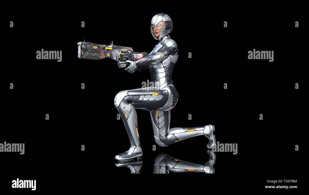 Futuristic android soldier woman in bulletproof armor, military cyborg girl armed with sci-fi rifle gun kneeling and shooting on black background, 3D  Stock Photo