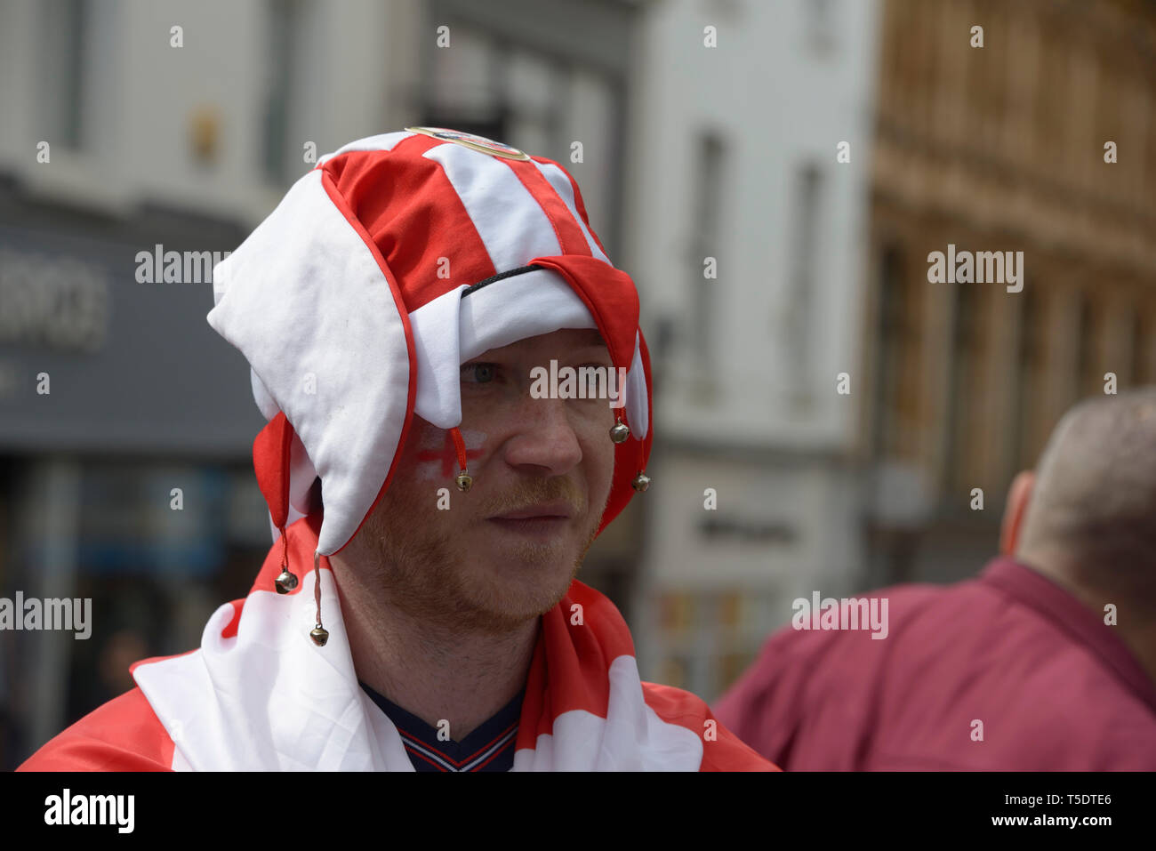 Man with Red & white headgear, at St. George's Day celebration, Nottingham, England. Stock Photo
