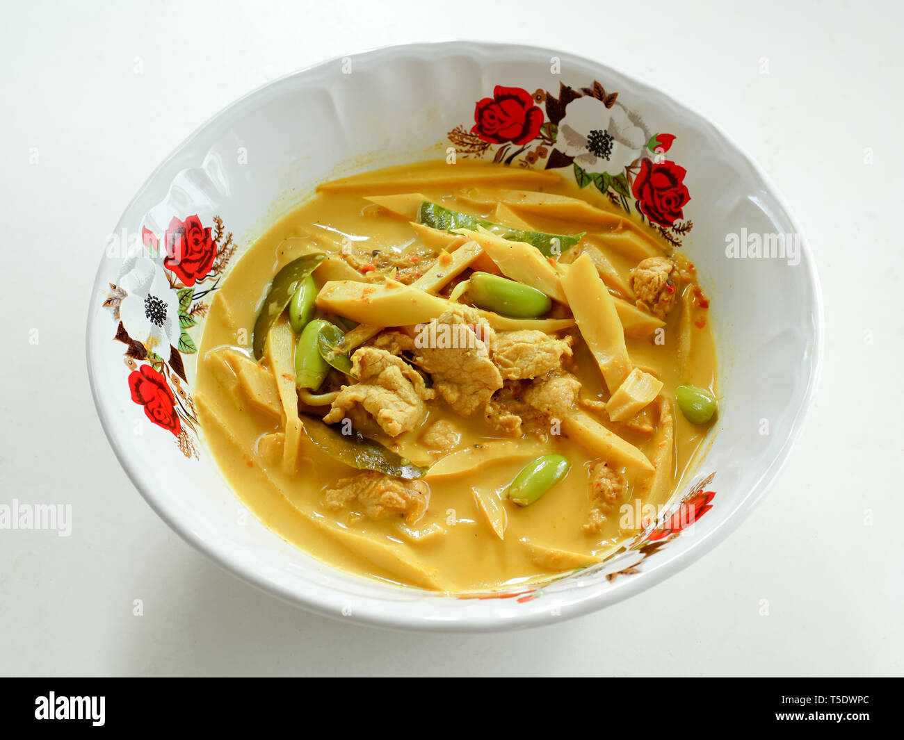 Thai menu Nitta bean sprouts curry with pork and bamboo shoot. Stock Photo