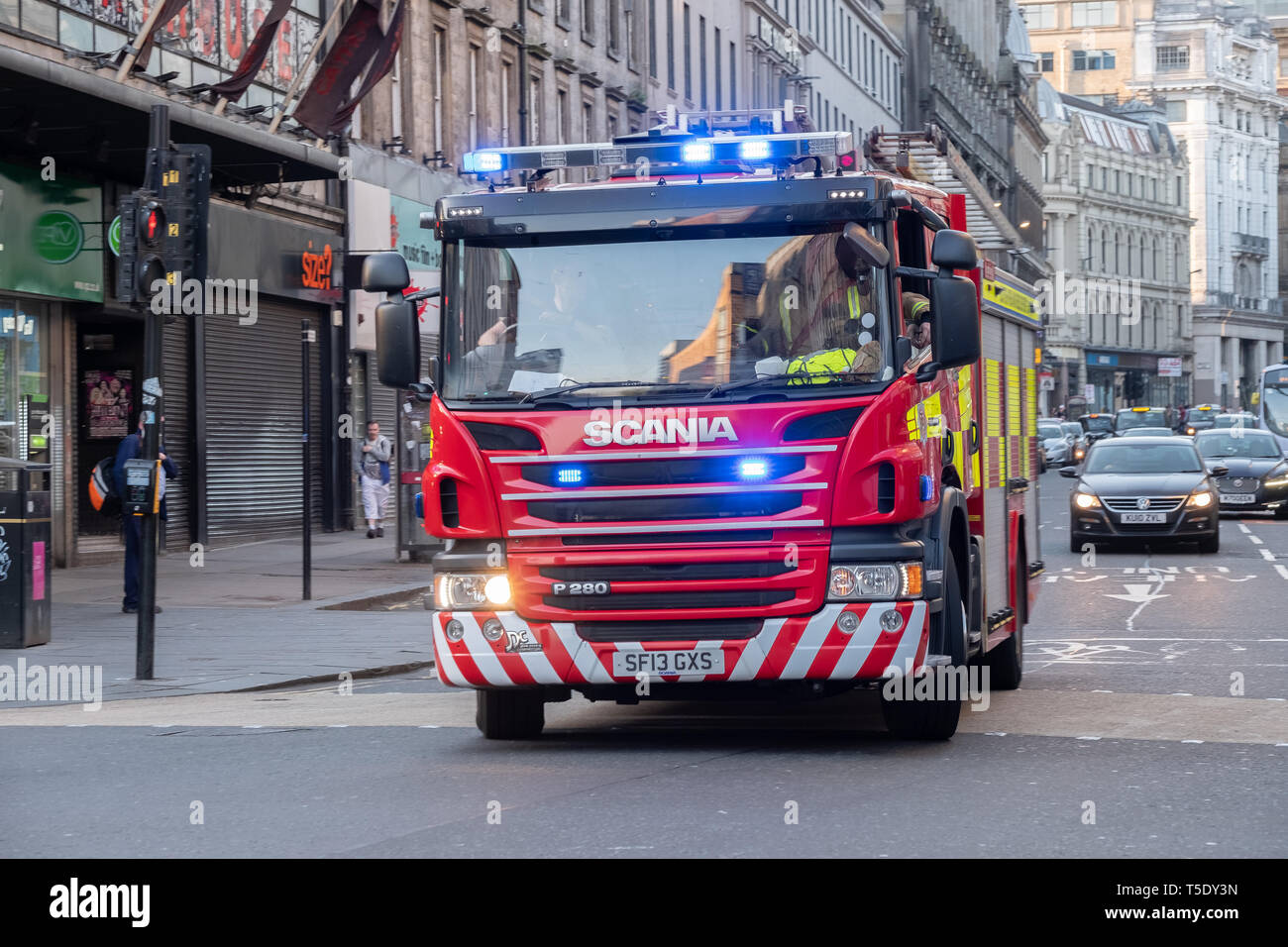 Fire brigade car, Jamaica Str Center Town Glasgow Scotland  21 April 2019 Stock Photo