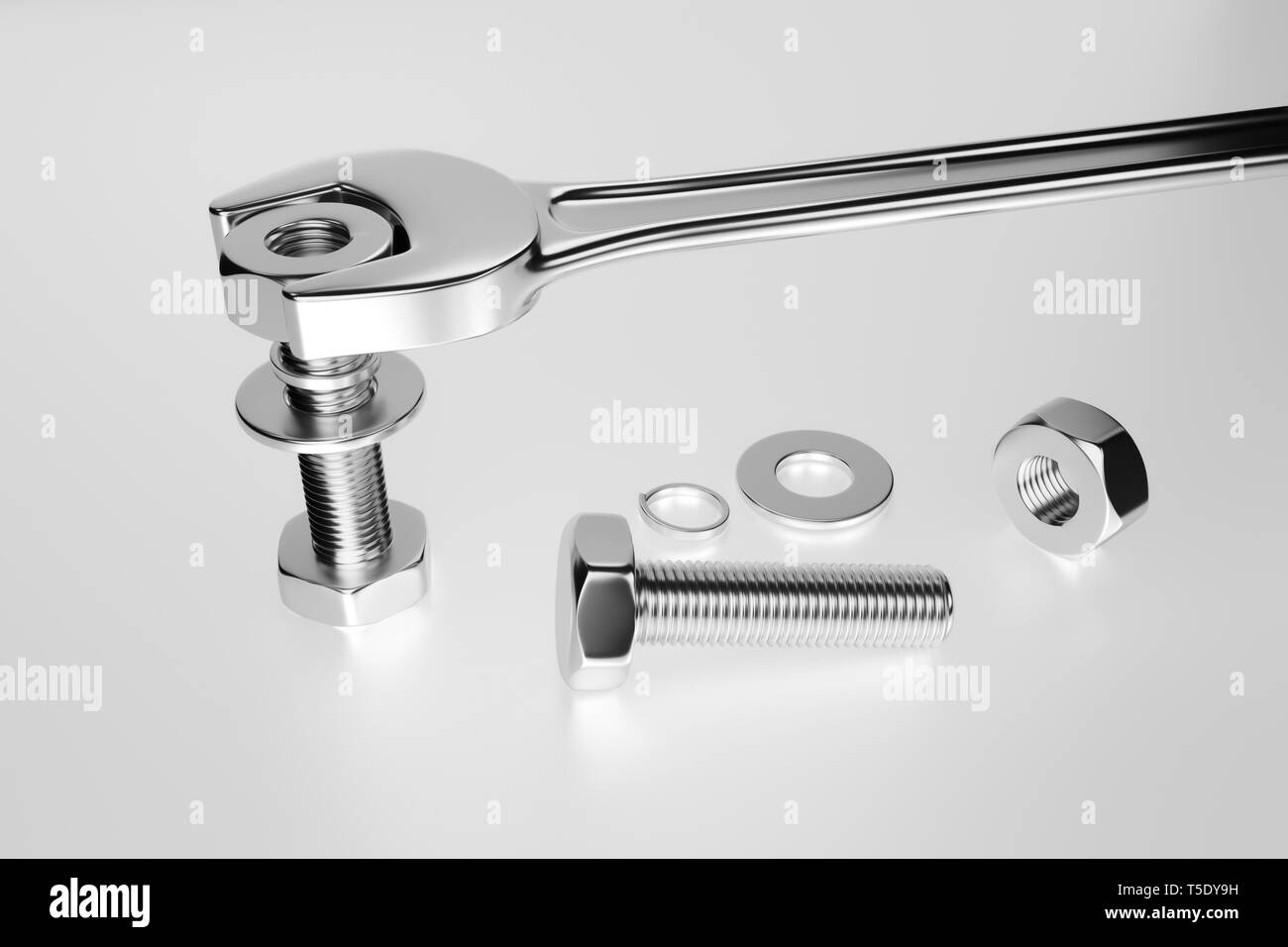 Wrench with bolt and nut on white background. 3d rendering Stock Photo ...