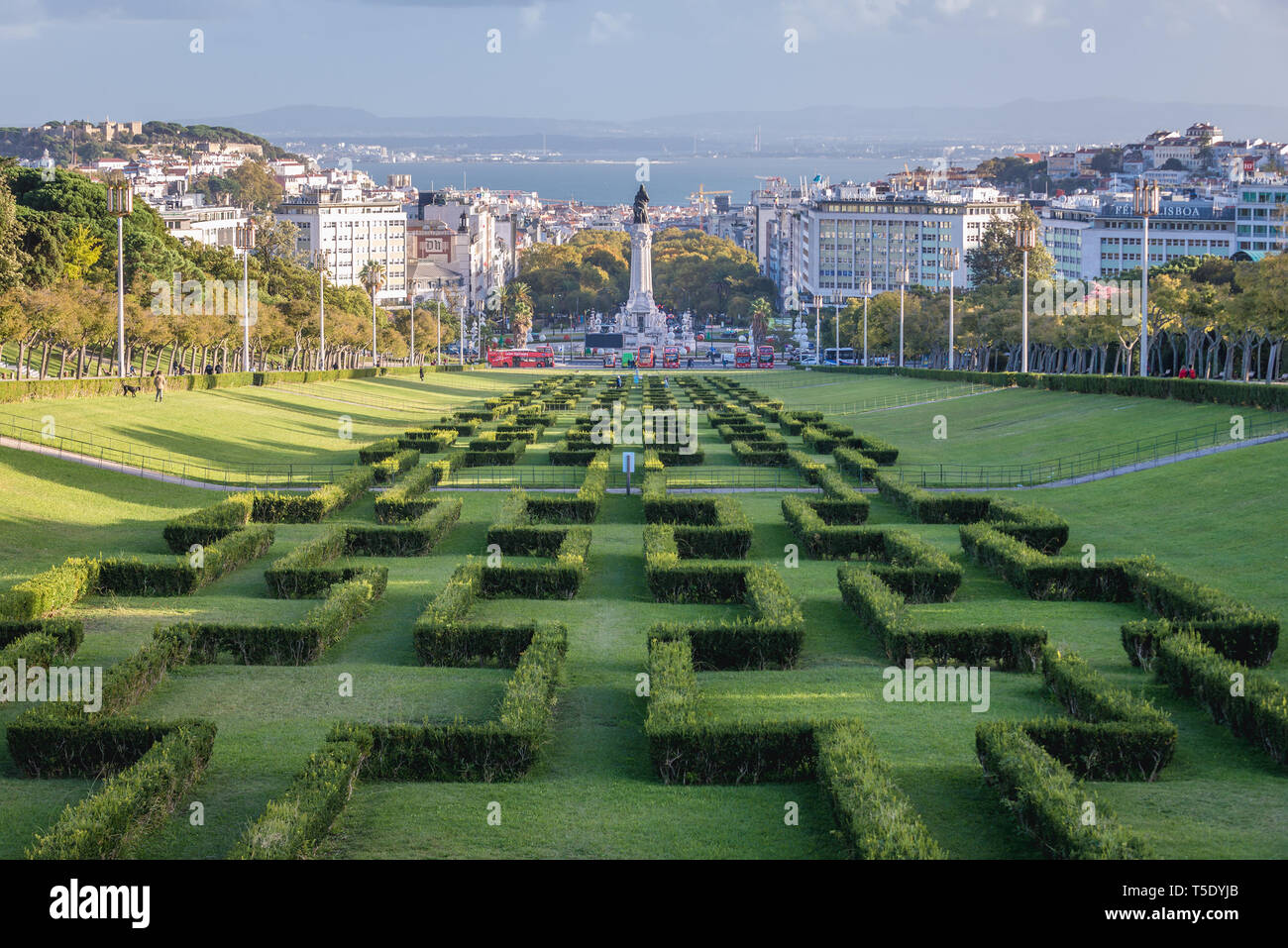 Aerial view from the top of Eduardo VII Park in Lisbon city, Portugal Stock Photo