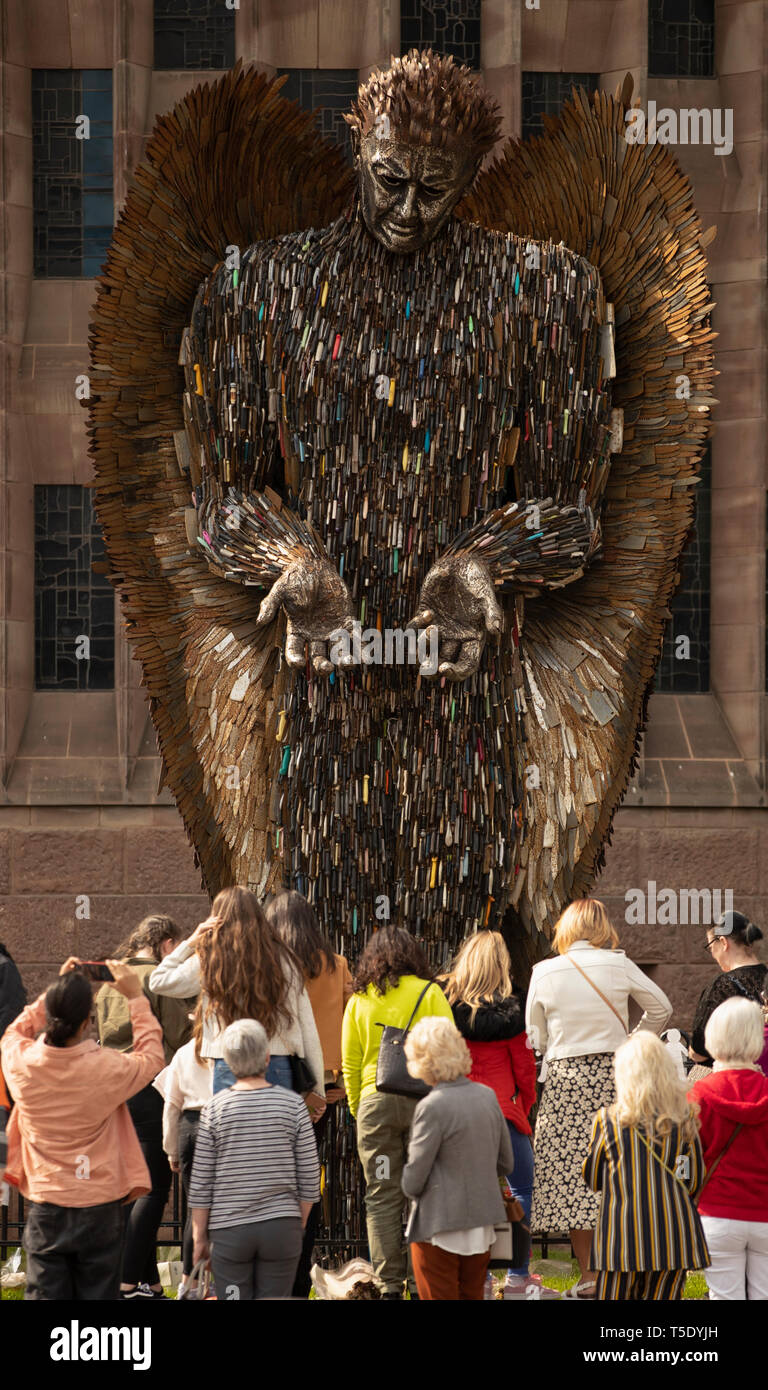 Coventry Cathedral. Thursday April 18 2019  Artist Alfie Bradley's Knife Angel, stands outside Coventry Cathedral. Dedicated to victims of knife crime. Stock Photo