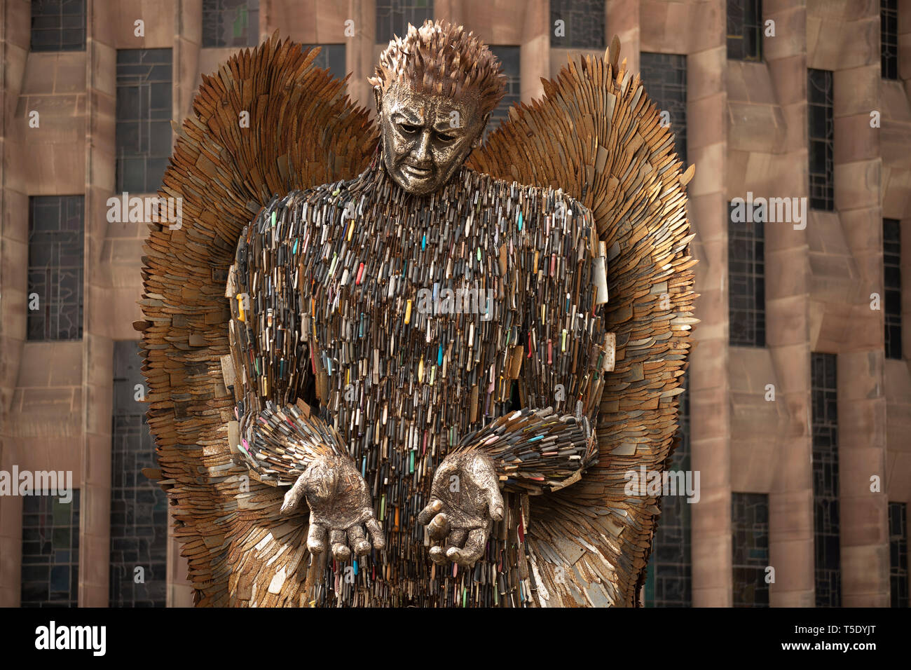 Coventry Cathedral. Thursday April 18 2019  Artist Alfie Bradley's Knife Angel, stands outside Coventry Cathedral. Dedicated to victims of knife crime. Stock Photo