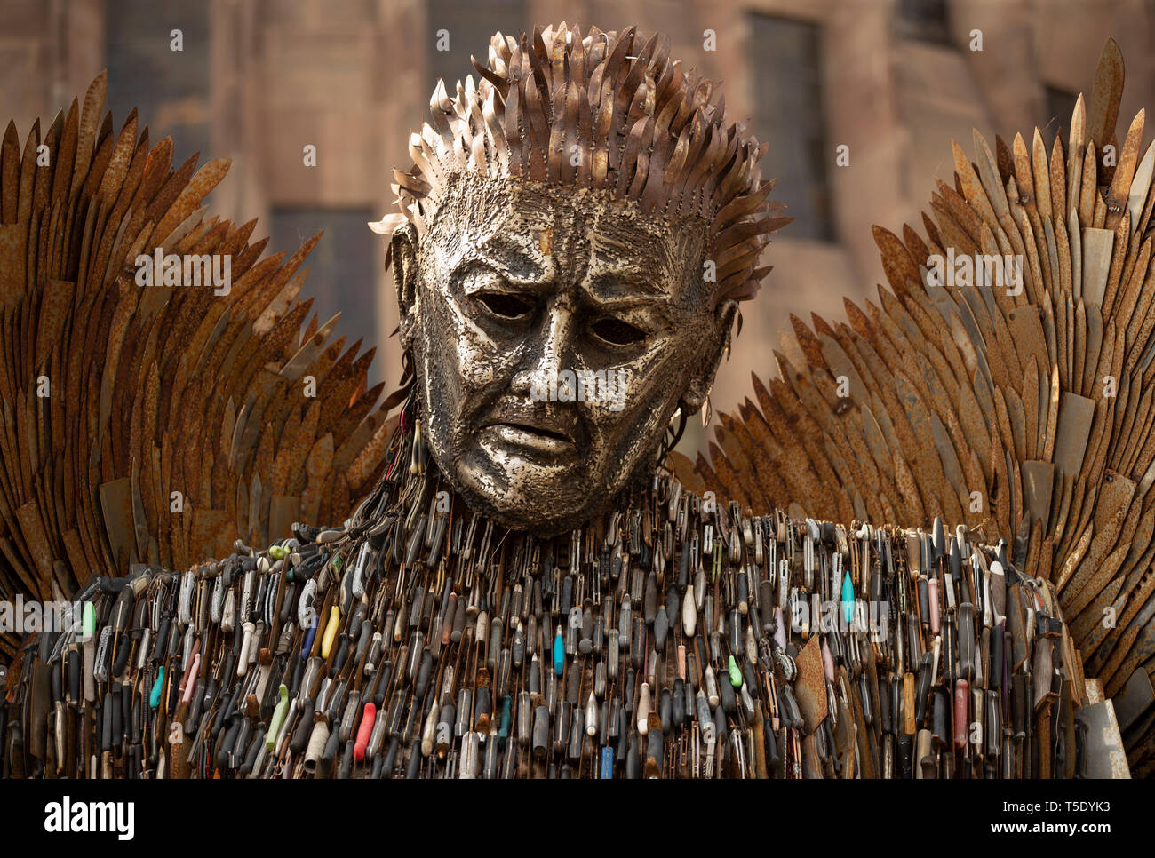 Coventry Cathedral. Thursday April 18 2019  Artist Alfie Bradley's Knife Angel, stands outside Coventry Cathedral. Dedicated to victims of knife crime. Stock Photo