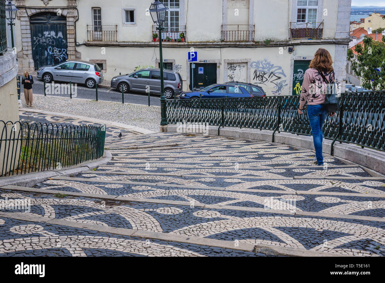 Portuguese pavement in front of Graca Church and Convent in Graca neighbourhood of Lisbon, Portugal Stock Photo