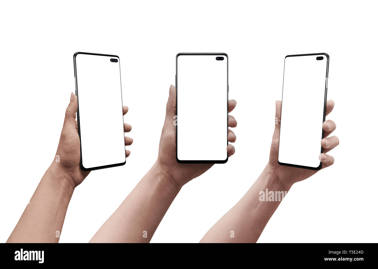 Smart phone in woman hand in three positions. Isolated display and background. Mockup. Stock Photo