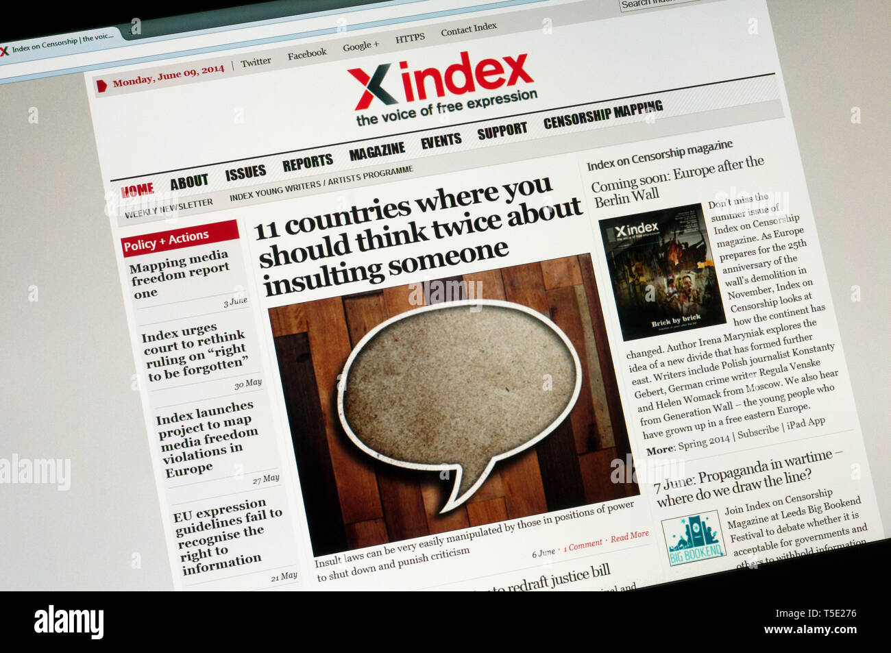 Xindex, the website of the campaigning publishing organisation Index on Censorship. Stock Photo