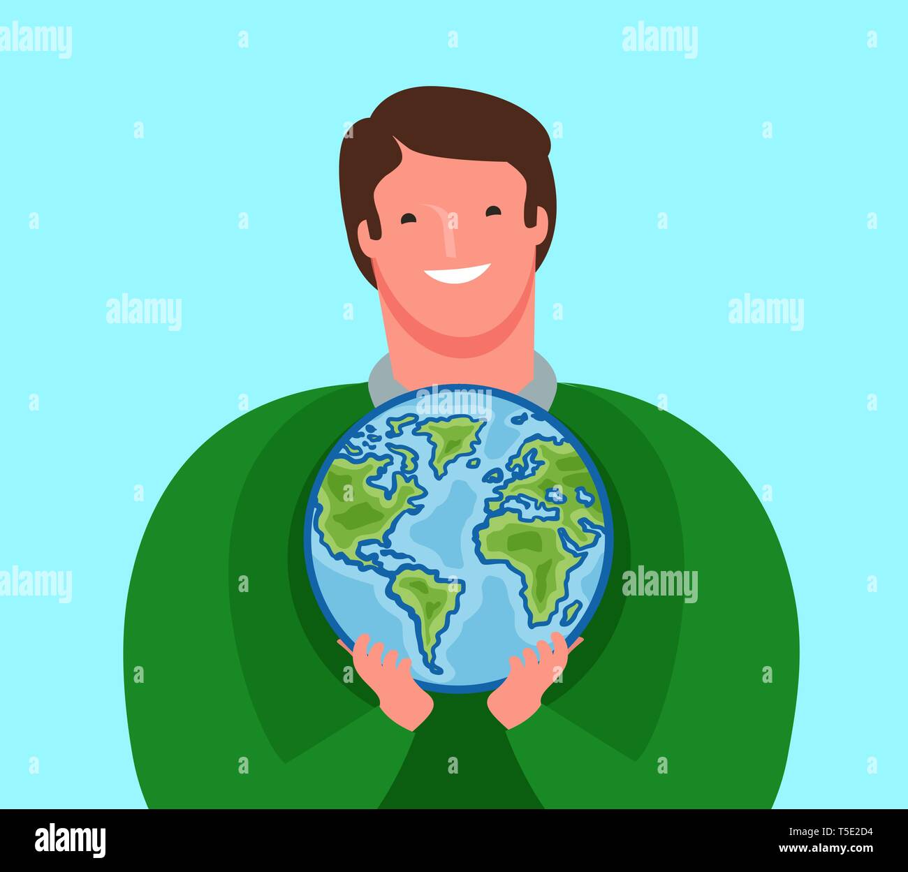 Man carefully holds planet Earth. Ecology, environment, travel concept. Cartoon vector illustration Stock Vector