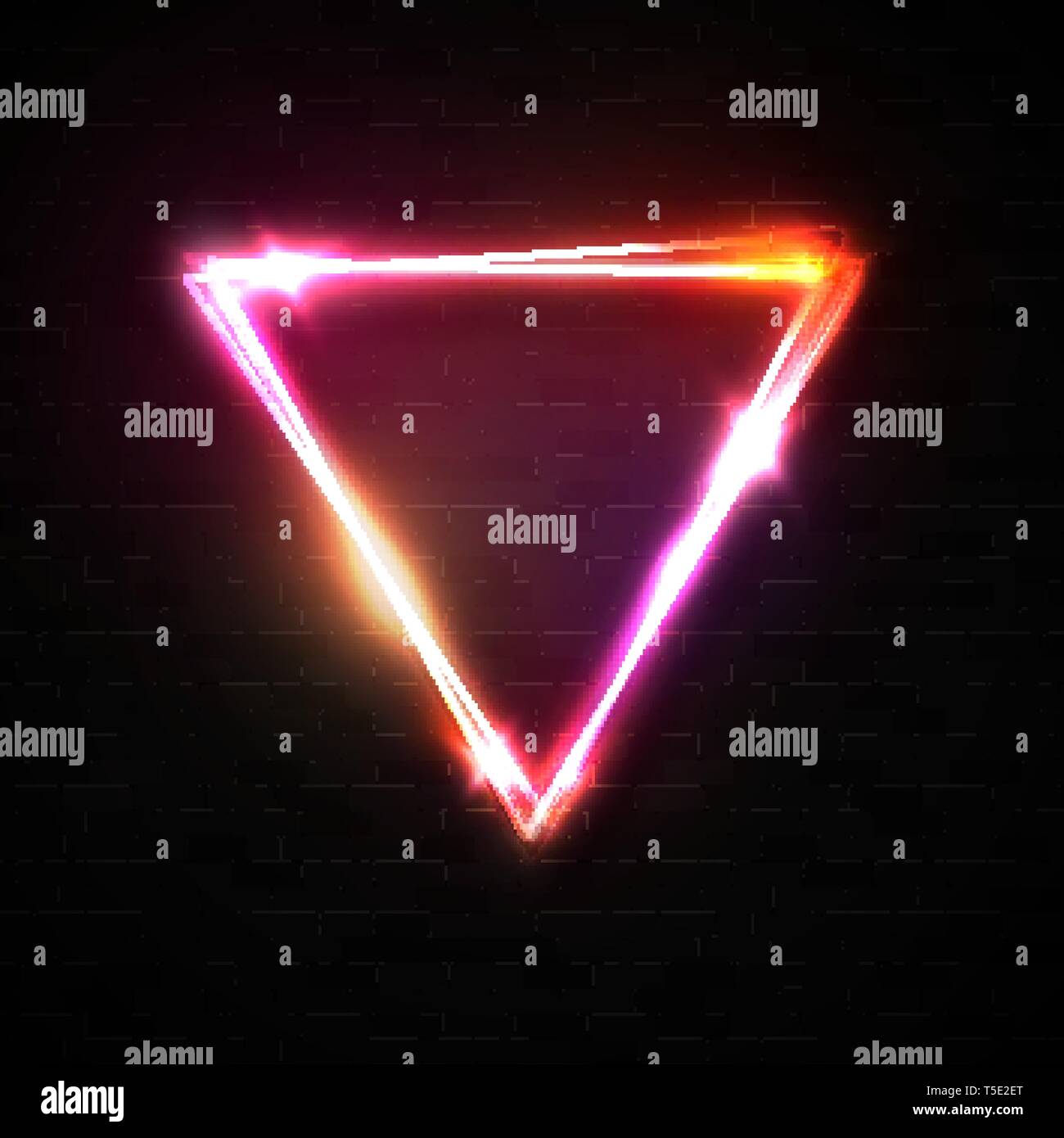 Shining triangle neon sign on black brick texture. Stock Vector