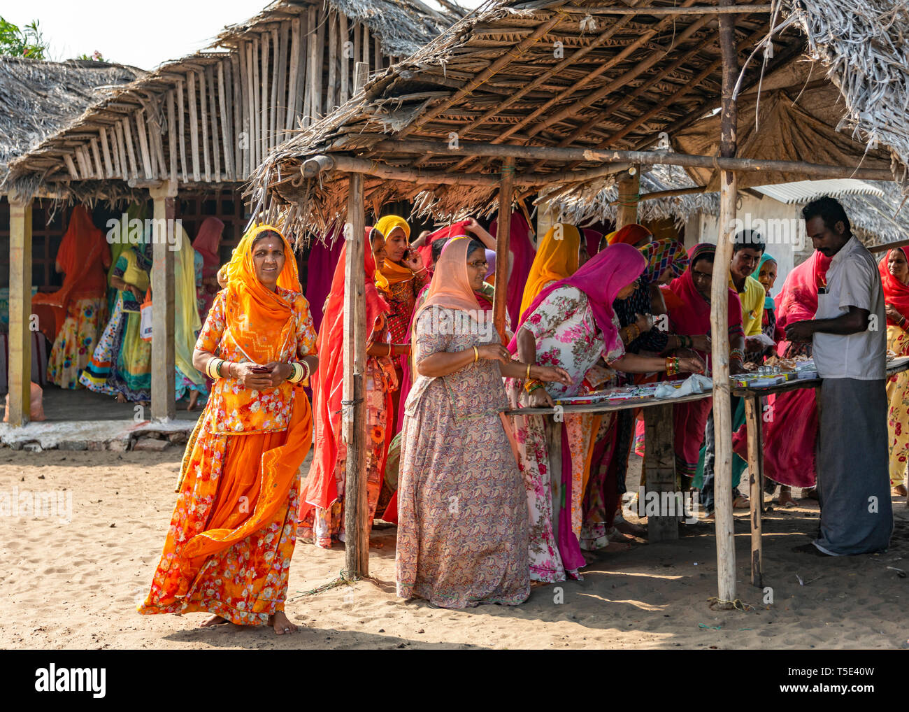 Horizontal portrait of ladies at the makeshift market in Dhanushkodi, India. Stock Photo