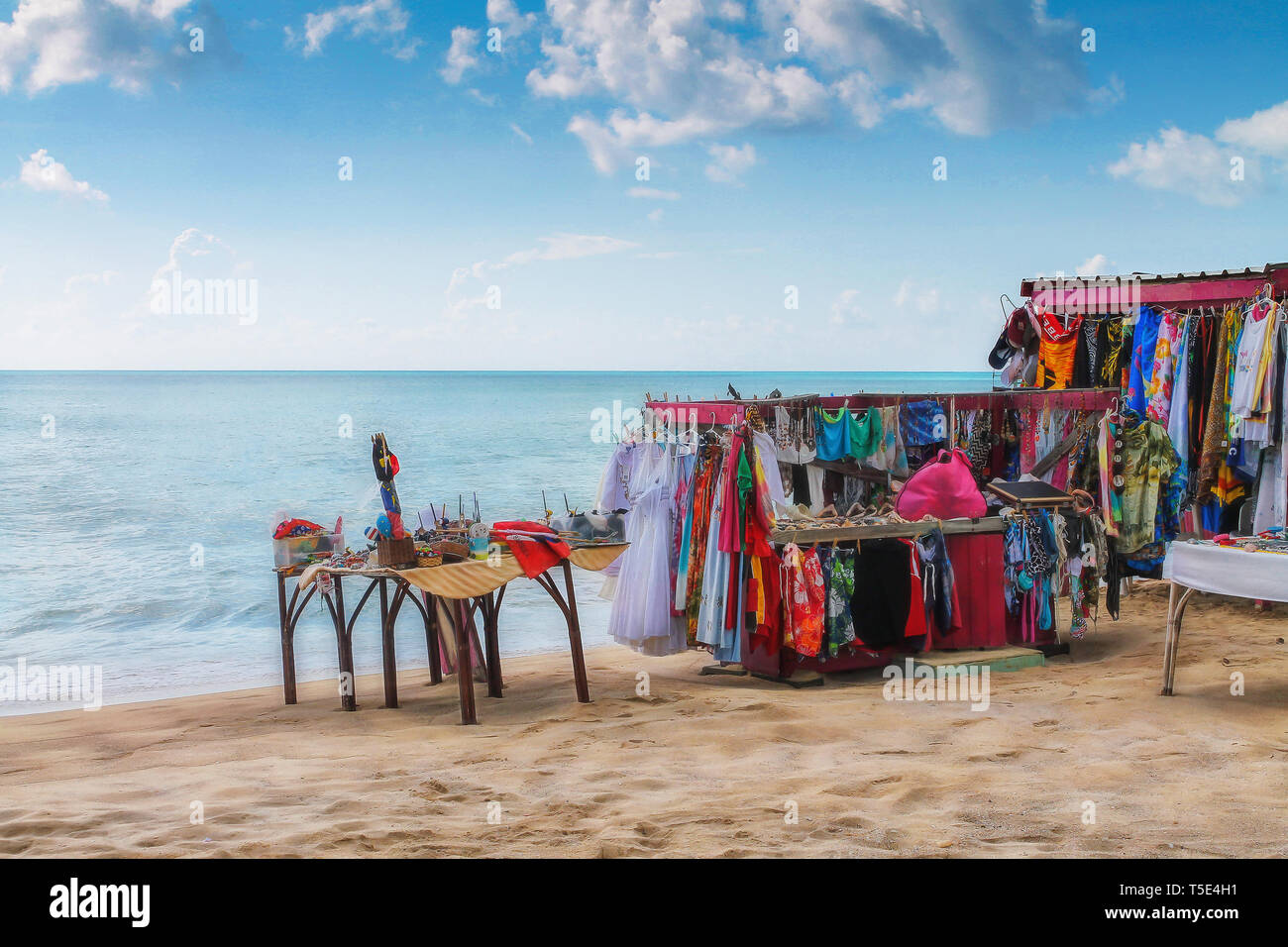 Booth on the beach with clothes in Antigua Stock Photo