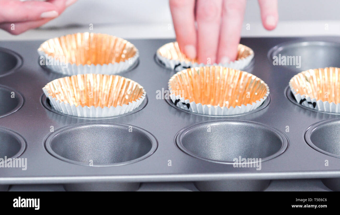 Step by step. Scooping batter with a cupcake scoop to make unicorn