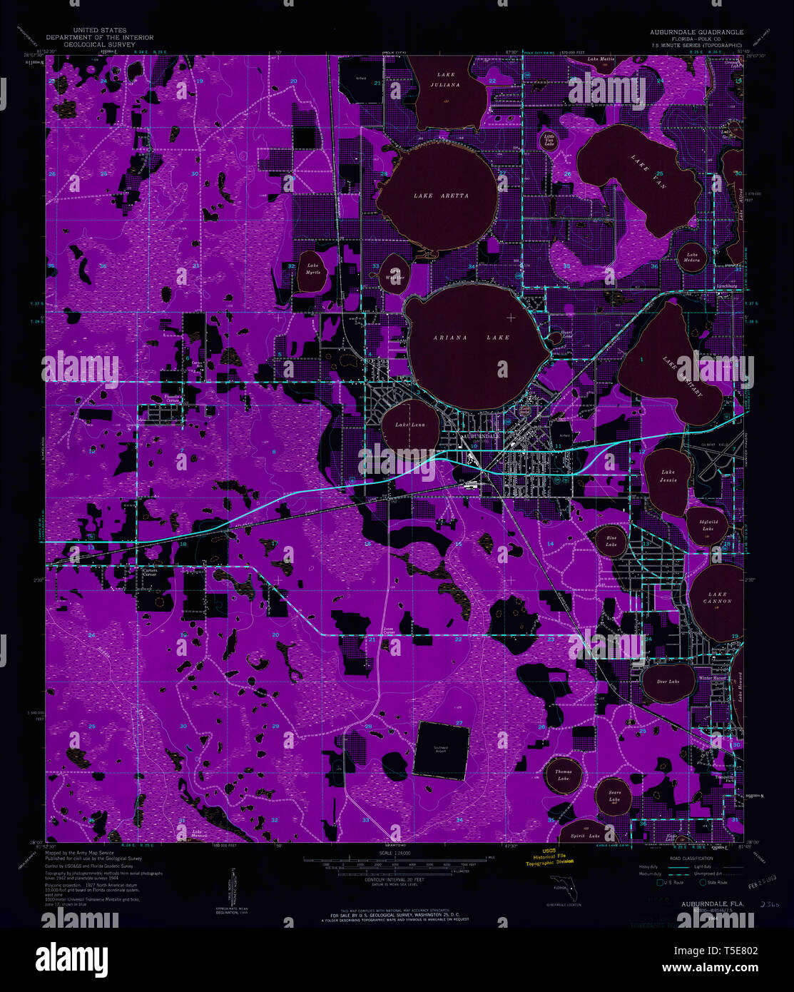 USGS TOPO Map Florida FL Auburndale 345031 1944 24000 Inverted Restoration Stock Photo