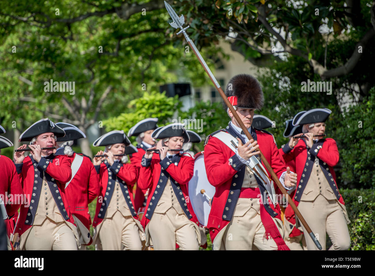 Soldiers with the 3d U.S. Infantry Regiment (The Old Guard) Fife and Drum Corps perform during the 141st White House Easter Egg Roll, April 22, 2019, Washington, D.C. Since 1878, Presidents and their families have celebrated Easter Monday by hosting an “egg roll” party, which is held on the South Lawn. The performance is one of the many community outreach activities the regiment conducts. (U.S. Army photos by Sgt. Nicholas T. Holmes) Stock Photo