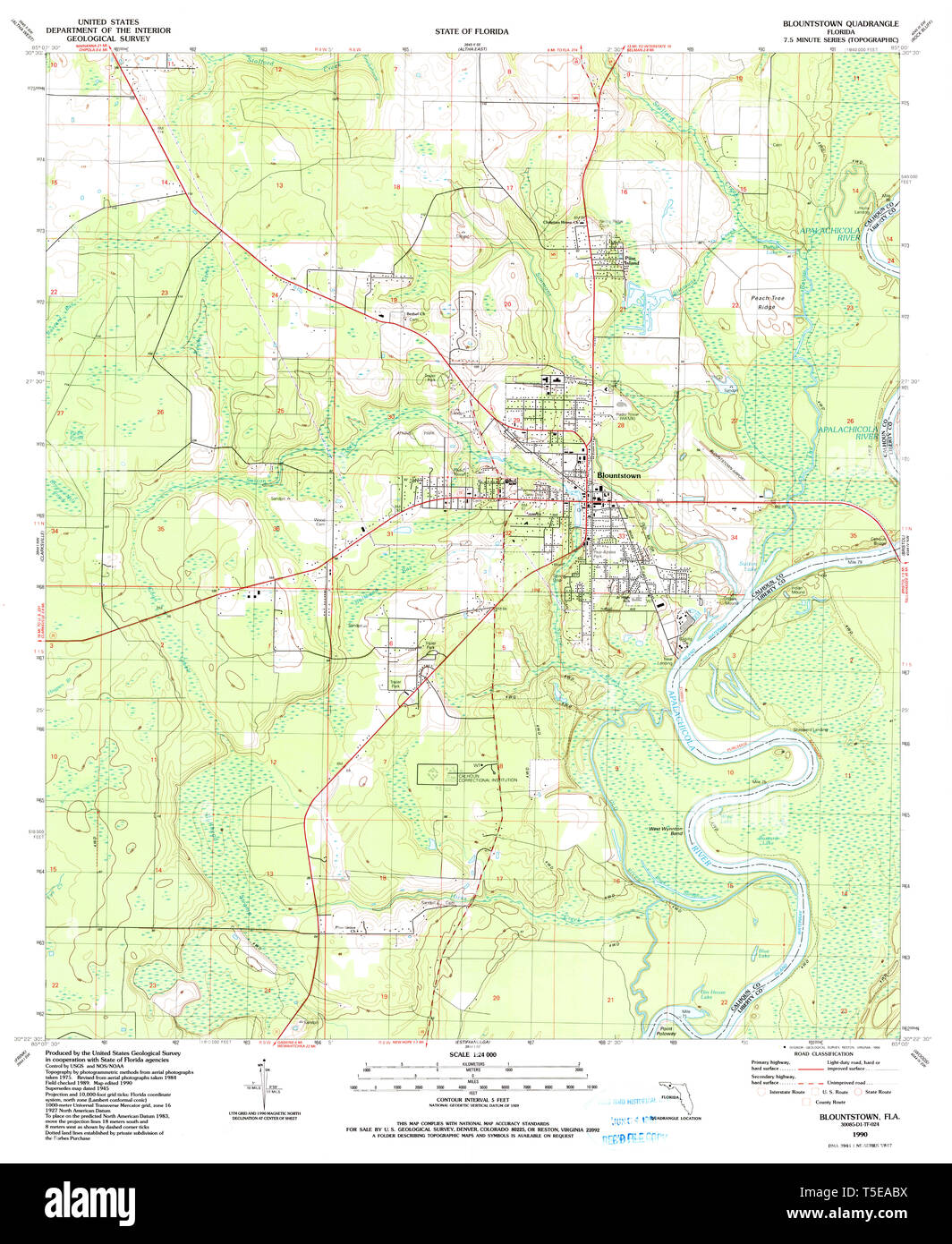 USGS TOPO Map Florida FL Blountstown 345220 1990 24000 Restoration Stock Photo