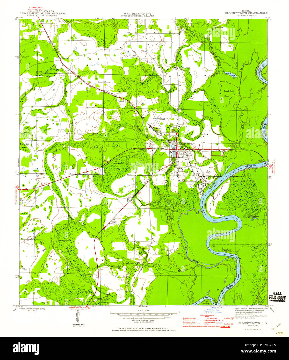 USGS TOPO Map Florida FL Blountstown 345221 1945 24000 Restoration Stock Photo