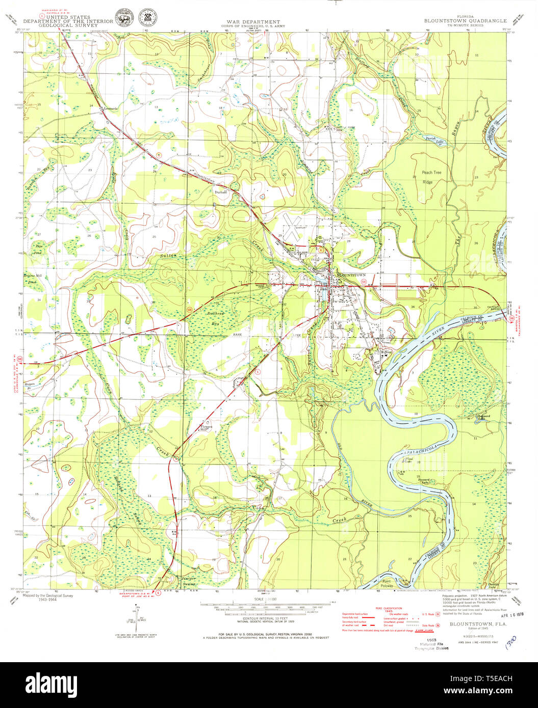 USGS TOPO Map Florida FL Blountstown 345222 1945 24000 Restoration Stock Photo